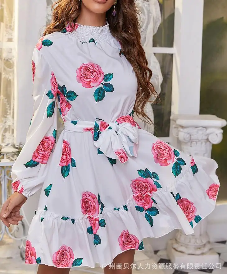 

Womens Dresses 2023 Summer Fashion Rose Floral Print Tie Detail Ruffle Hem Casual Mock Neck Long Sleeve Daily Mini A Line Dress