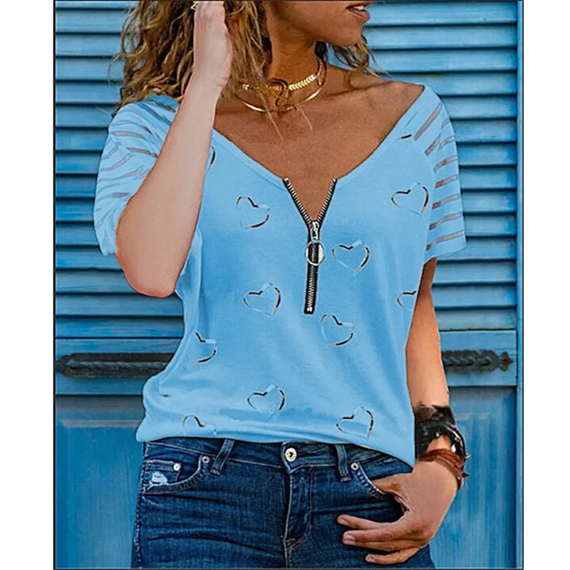 2021 Summer Fashion Ladies Heart-shaped Print T-shirt With Zipper Decoration V-neck Short-sleeved Casual Loose Pullover Top
2021 Summer Fashion Ladies Heart-shaped Print T-shirt With Zipper Decoration V-neck Short-sleeved Casual Loose Pullover Top