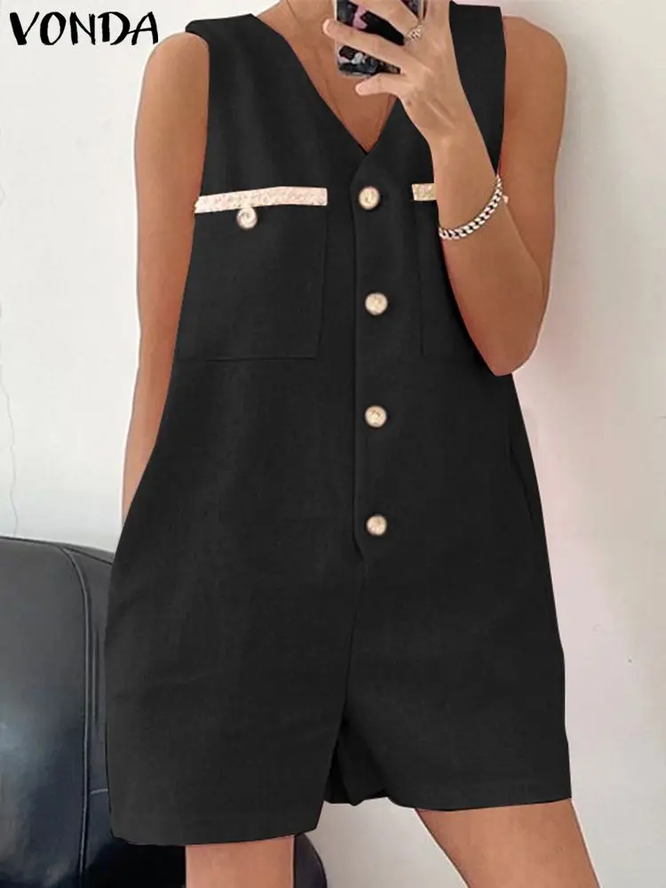 

VONDA 2024 Women Short Jumpsuits Fashion Playsuits Summer Sleeveless V-neck Casual Solid Rompers Loose Buttons Elegant Pants