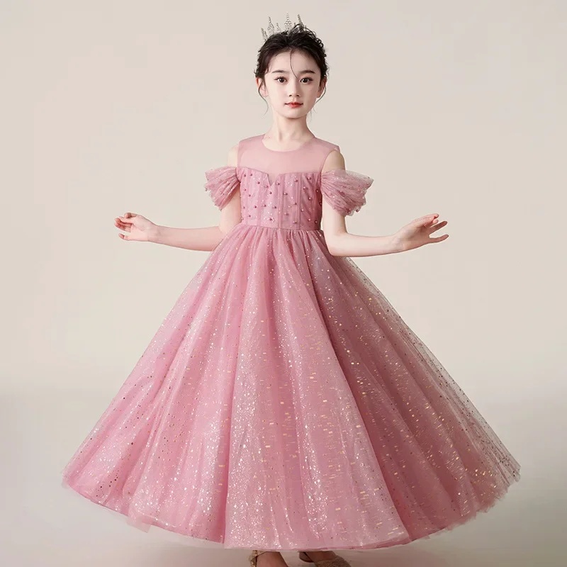

4-12 year old girl dress with mesh and foreign summer graduation evening dress with sequins elegant piano performance costume