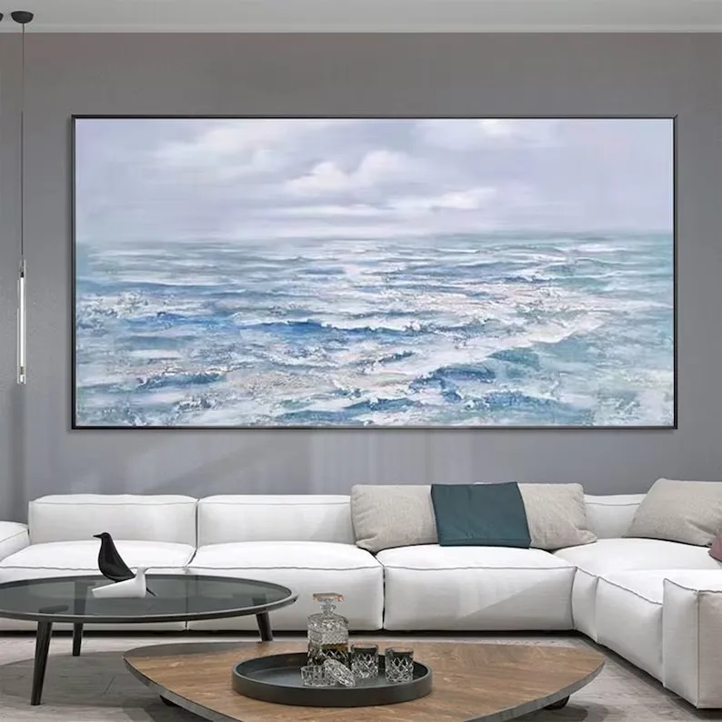 

Large Grey Ocean Oil Painting on Canvas, Abstract Texture Seascape Acrylic Modern Art Living Room Home Wall Decor,Hand Painted