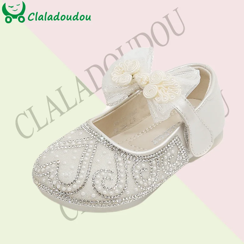 

Claladoudou Bling Baby Dress Shoes With Lace Bowtie Rhinestones Sequined Little Princess Flats Shoes For Wedding Birthday Party