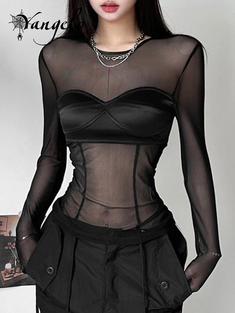 

Yangelo готический черный сексуальный женский топ Y2K, тонкая эластичная мягкая дышащая тонкая осенне-зимняя Базовая рубашка