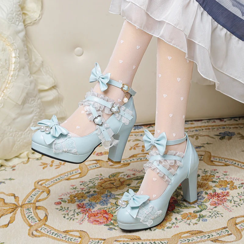 

Cute Girl Lolita Shoes Blue High Heels Women's Not Tired Feet Small Size Daily Lo