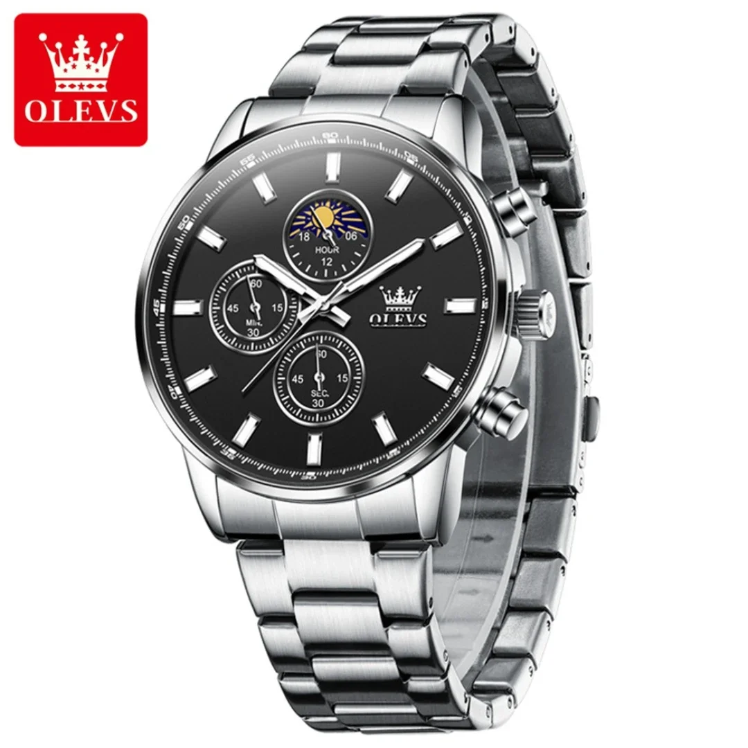 

OLEVS 2902 Casual Quartz Watch Stainless Steel Watchband Round-dial Moon Phase Chronograph
