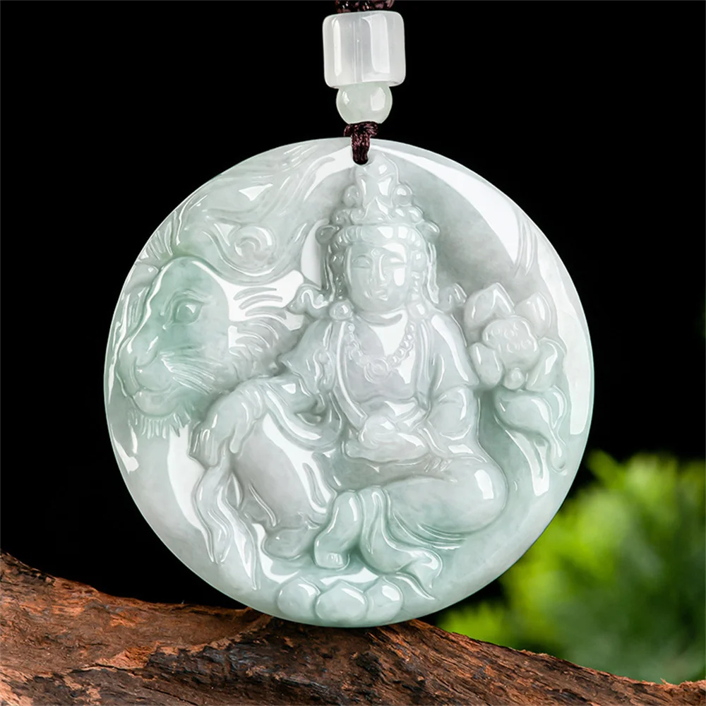 

Natural Ice Green Jadeite Hand Carved Lion GuanYin Lucky Pendant Amulet Necklace Certificate Luxury Jade Vintage Jewelry Gift