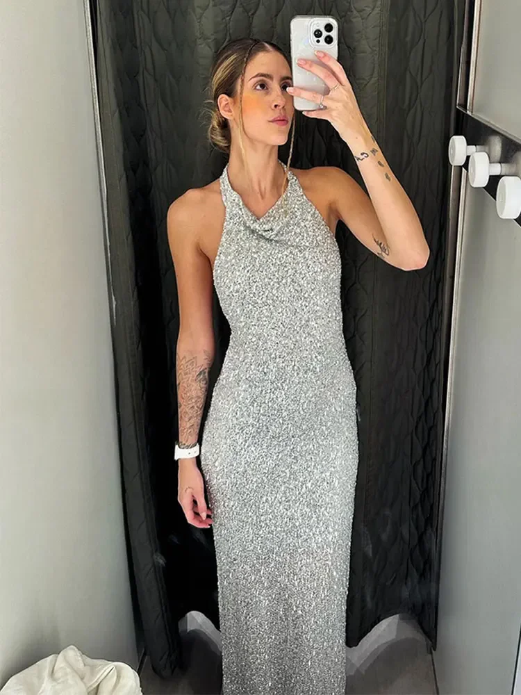 Silver Halter Lace Up Sequin Dress Sexy Backless Sleeveless Wedding Party Maxi Dresses Female Sexy Shiny Banquet Vestidos
Silver Halter Lace Up Sequin Dress Sexy Backless Sleeveless Wedding Party Maxi Dresses Female Sexy Shiny Banquet Vestidos