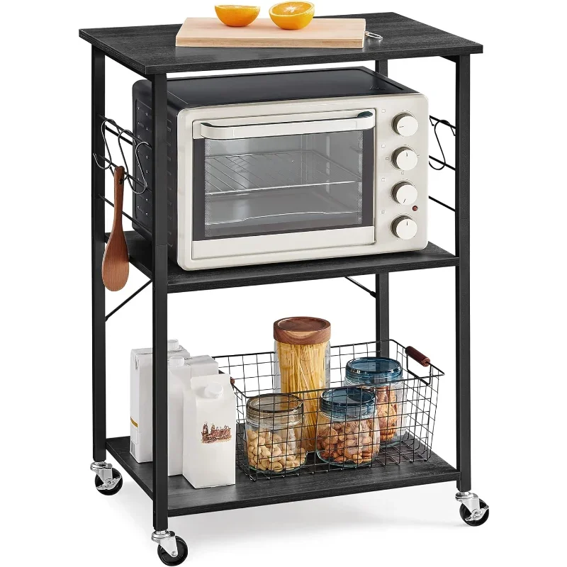 

VASAGLE Kitchen Shelf on Wheels, Serving Cart with 3 Shelves, Kitchen Cart, Microwave , with 6 Hooks, 15.7 x 23.6 x 35 Inches