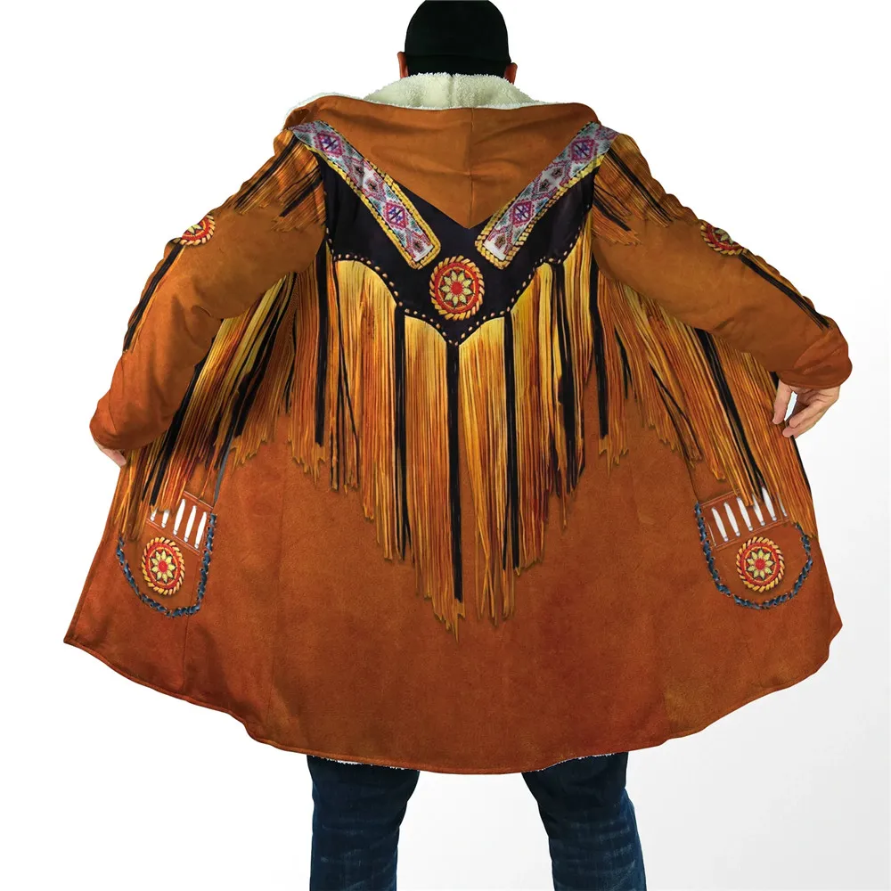 

HX Winter Cloak Retro Tribal Patterns Splicing 3D Printed Thick Warm Hooded Cosplay Cloak for Men Windproof Fleece Cape