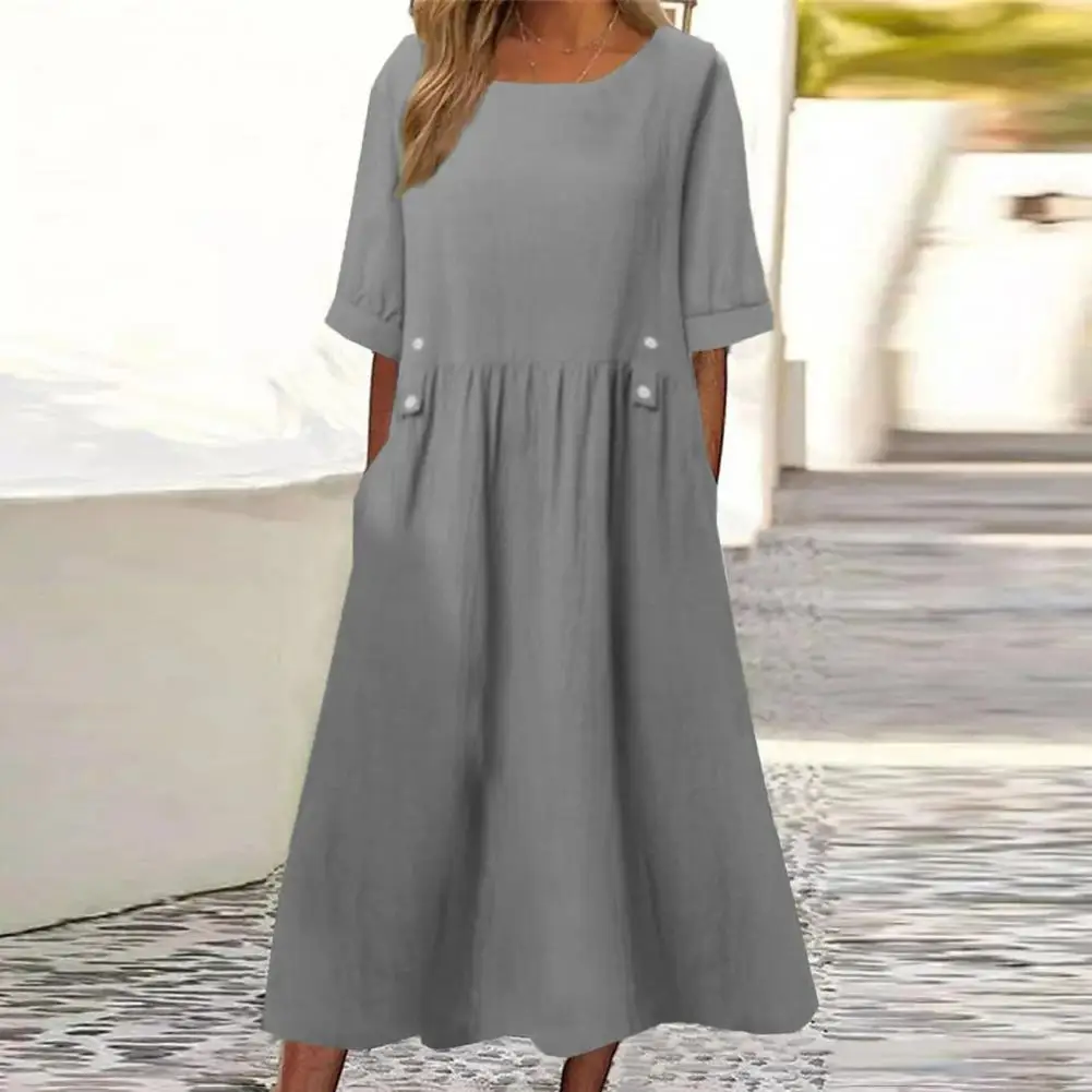 Casual Loose Fit Dress Elegant A-line Midi Dress with Pockets Button Decor Women's Summer Pleated Mid-calf Length for Casual
Casual Loose Fit Dress Elegant A-line Midi Dress with Pockets Button Decor Women's Summer Pleated Mid-calf Length for Casual