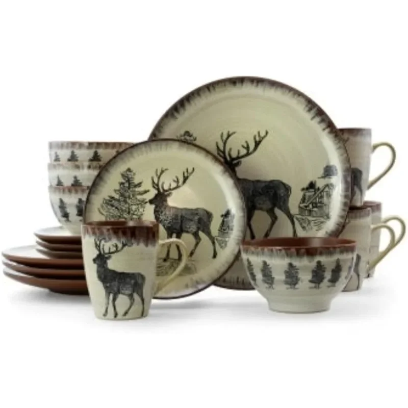 

Cabin Dinnerware Dish Set, 16 Piece, Elk Design with Warm Taupe and Brown Accents