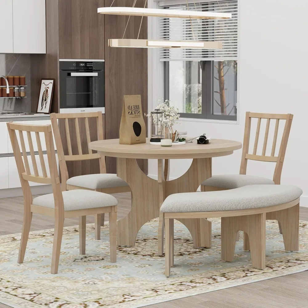 5-Piece Round Dining Table Set for 4 Round Kitchen Table Set with Curved Bench & 3 Chairs Retro Round Dining Room Set 5-Piece Round Dining Table Set for 4 Round Kitchen Table Set with Curved Bench & 3 Chairs Retro Round Dining Room Set