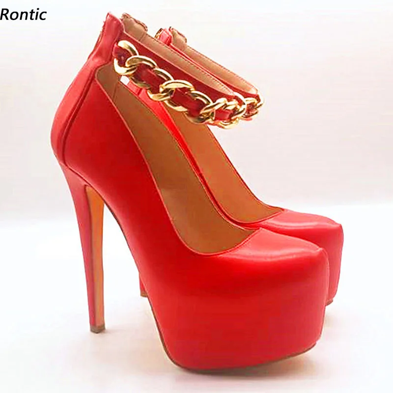 

Rontic Handmade Women Platform Pumps Gold Chain Stiletto High Heels Round Toe Gorgeous Red Fuchsia Cosplay Shoes US Size 5-20