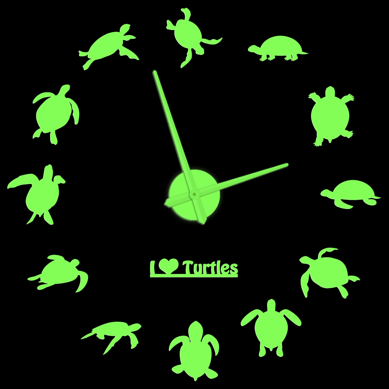 

I Love Turtles Glow In Dark Clock Home Decor Ocean Sea Turtles Animals Silhouette Frameless DIY Stickers Watch For Living Room