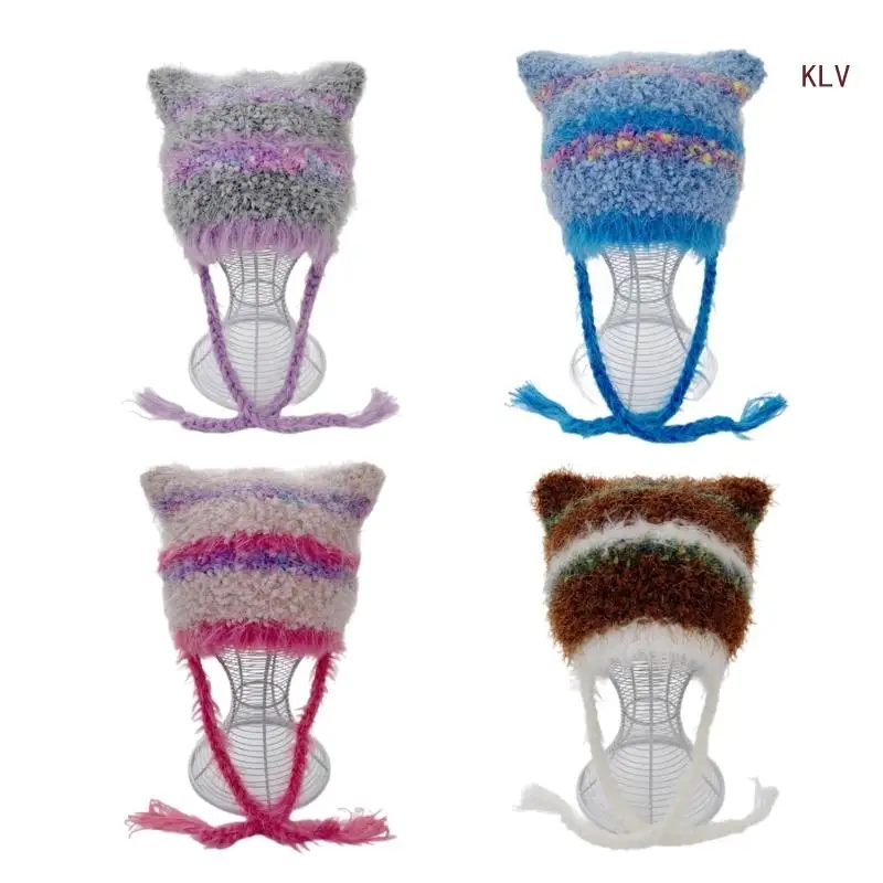 

Плюшевая субкультурная шапка с кошачьими ушками и косами, мягкая зимняя теплая плюшевая шапка, подарки на холодную зиму для 6XDA