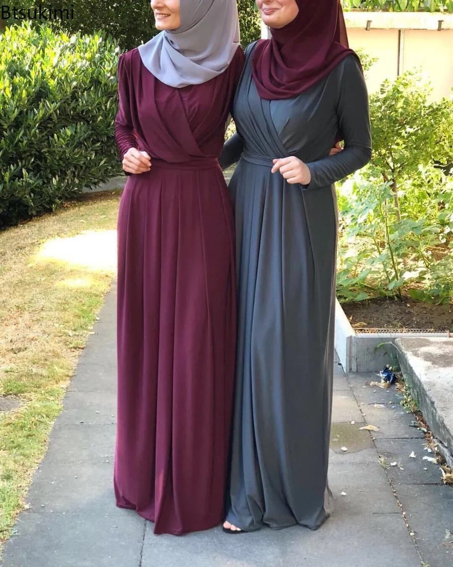 

Elegant Pleated Dress for Women Muslim Fashion Abayas New V-neck Solid Lace-up High Waist A-Line Maxi Dress Robe De Soiree Luxe