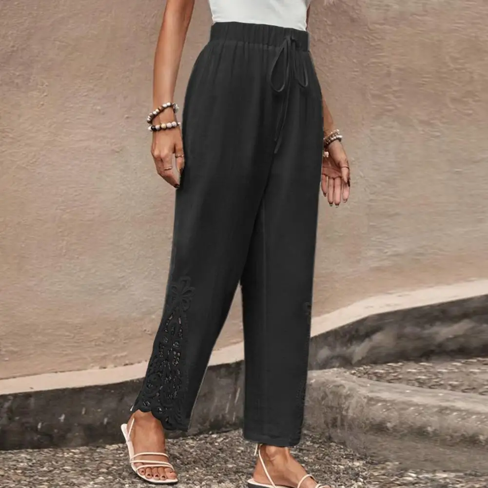 

Summer Pants Stylish Women's Wide Leg Trousers with Elastic Waist Embroidery Detail Casual Pants with Pockets Lace for Everyday