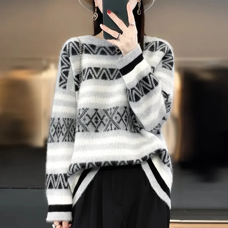 

Lazy Loose Sweater Jacket Autumn And Winter New Round Neck Color Matching Jacquard Pullover Women With Bottoming Shirt Women
