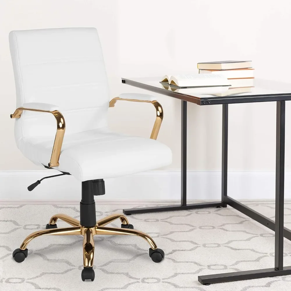 

Whitney Mid-Back Desk Chair - White LeatherSoft Executive Swivel Office Chair with Gold Frame - Swivel Arm Chair
