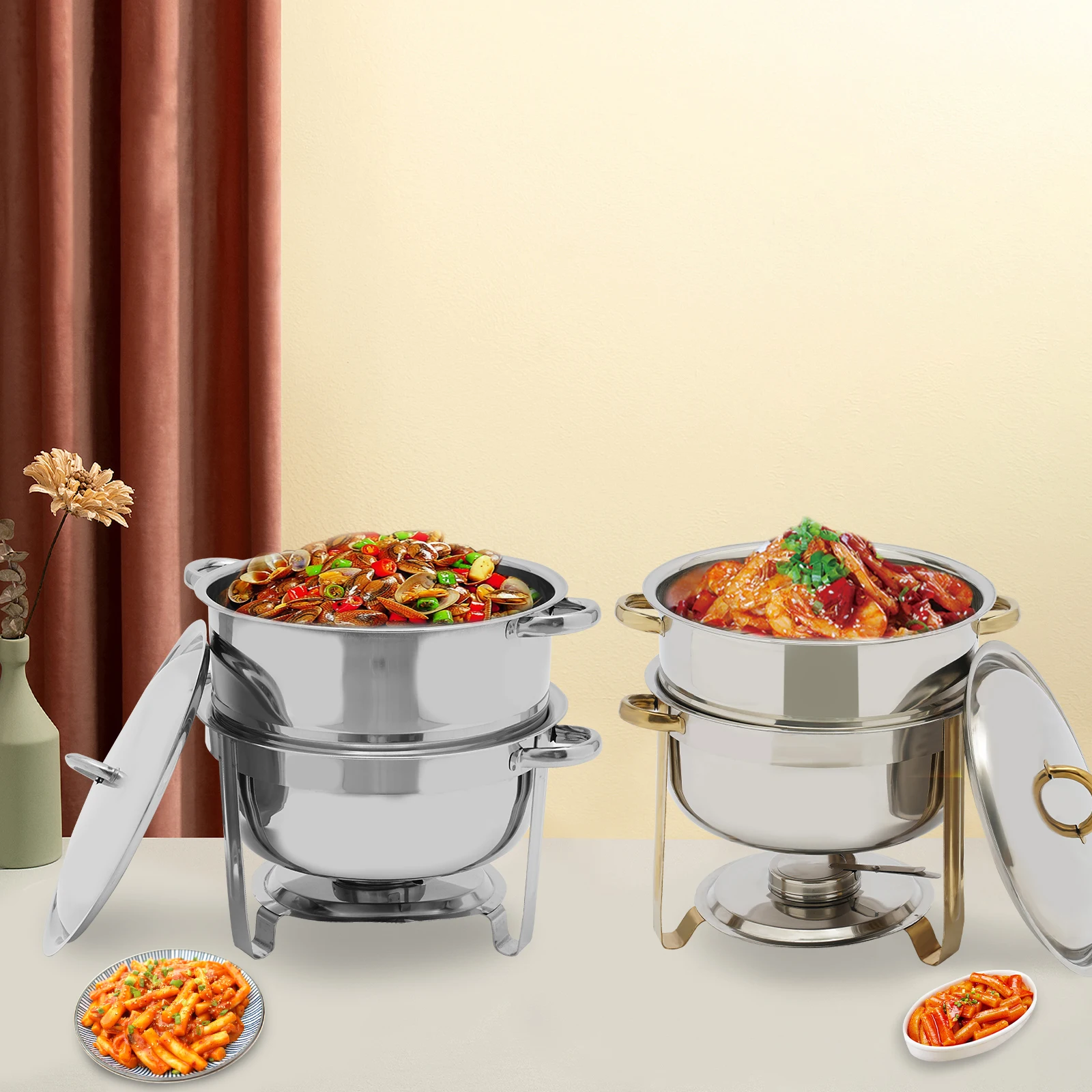 

Round Chafing Dish with Lid Buffet Server Chafer Food Warmer Stainless Steel 14.2Qt Gold/Silver