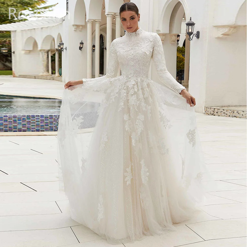 

Платье Свадебное ТРАПЕЦИЕВИДНОЕ с высоким воротником, Тюлевое платье невесты в пол, с аппликацией, с кружевом, цвета слоновой кости, в мусульманском стиле