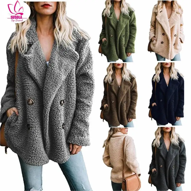 

Женское пальто из искусственного меха SUSOLA, теплая верхняя одежда, плюшевое Женское зимнее пальто с вырезом на воротнике, свободный Тренч, однотонный цвет