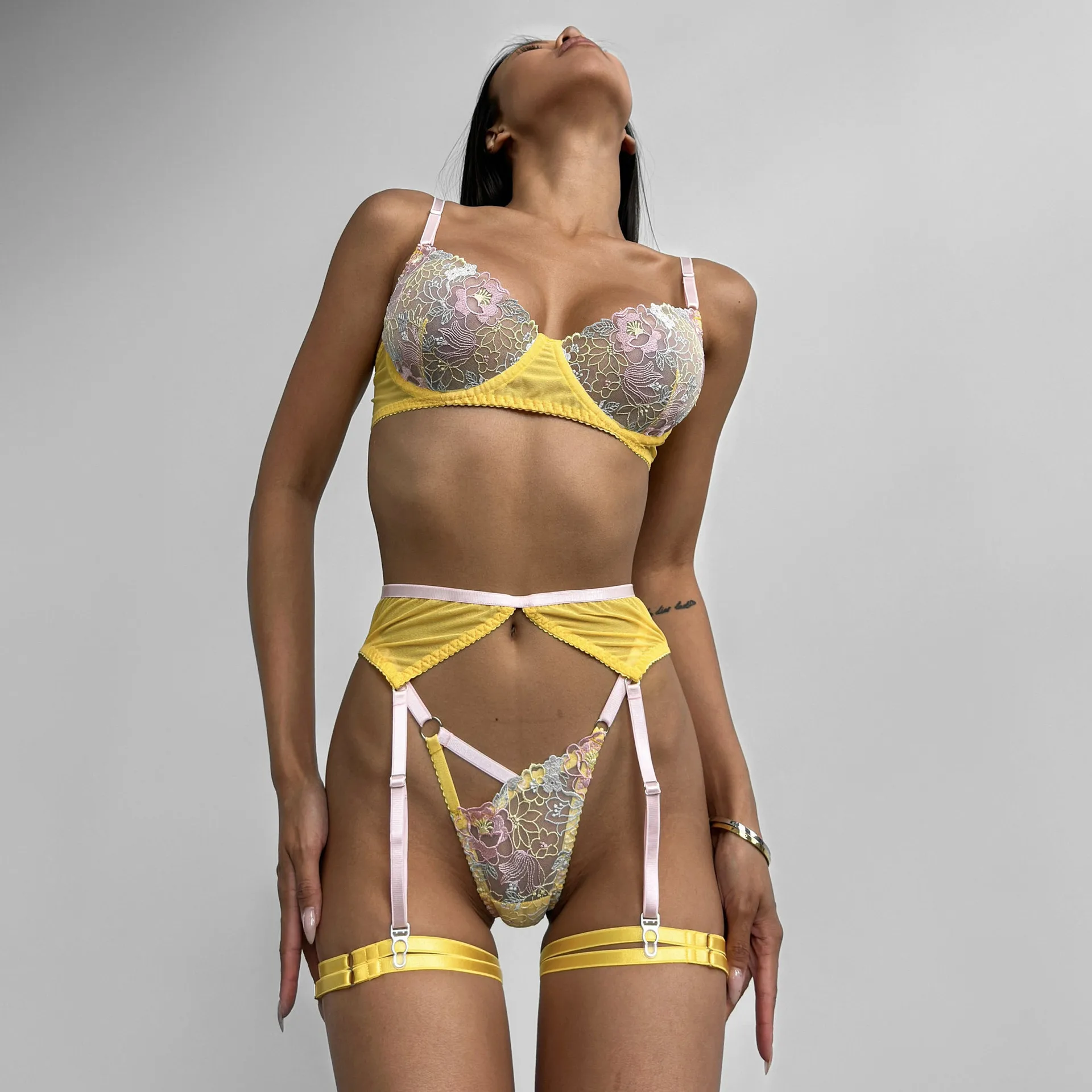 

SexeLakas Sensual Lingerie Lace Floral Embroidery Transparent Underwear Fancy Push Up Bra and Panty See Through Yellow Intimate