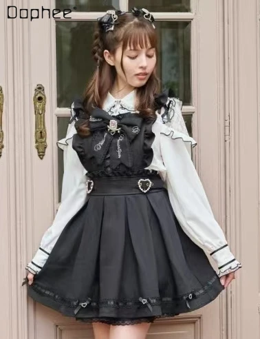 

Japanese Lolita Sweet Suspender Skirt for Women 2024 Spring New Soft Girl Adorable Mine Bow Two-Way Detachable Apron Dresses