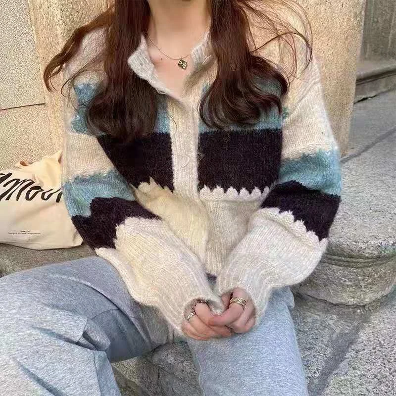 

DAYIFUN Women's Autumn Winter Sweaters Color Blocking Striped Buttons Knitted Cardigans Ladies Vintage Oversized Jumpers Tops