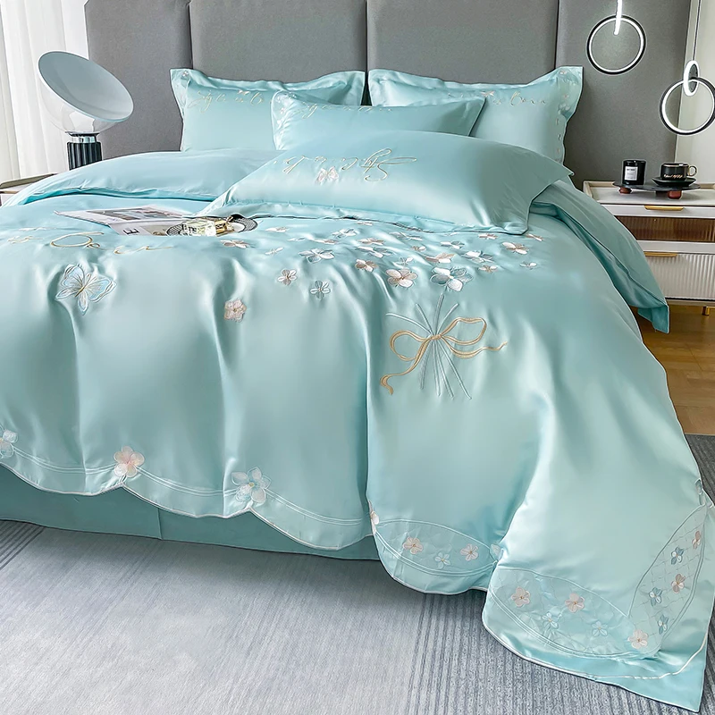 

Fresh 120 Cotton 4Pcs Girl's Heart Butterfly Romantic Sheer Embroidered Cotton Quilt Cover Fitted Sheet Bare Sleeping Bedding