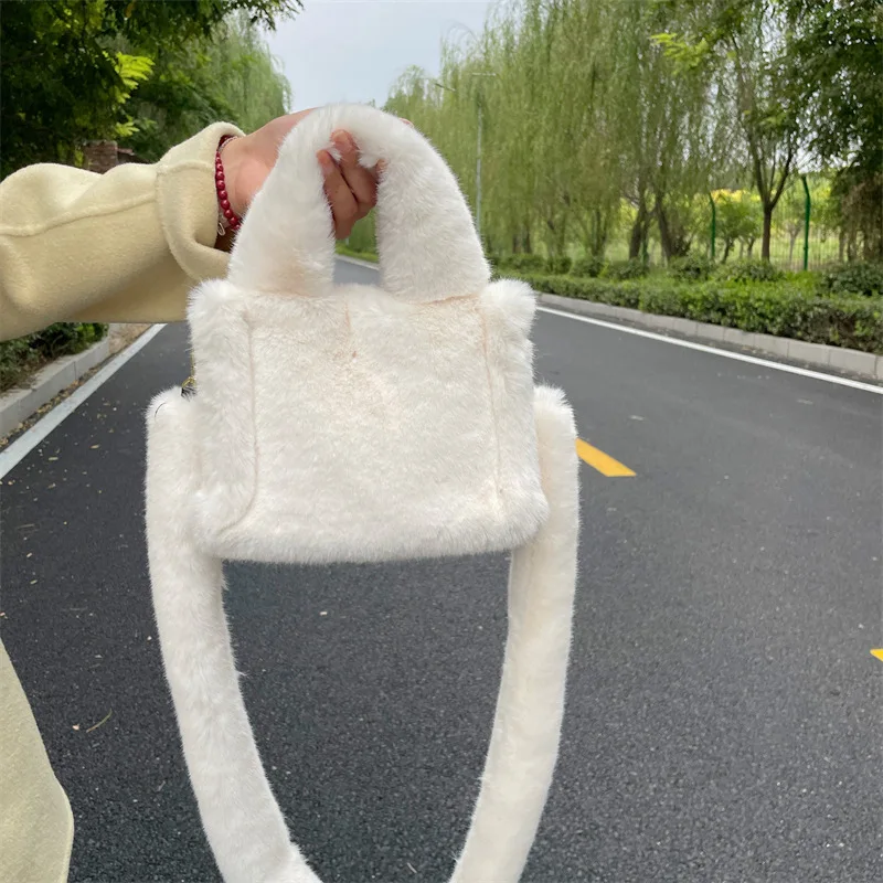 

Winter Fashion Women Soft Plush Shoulder Bags Faux Furry Ladies Small Tote Purse Handbags Solid Color Female Girls Underarm Bag