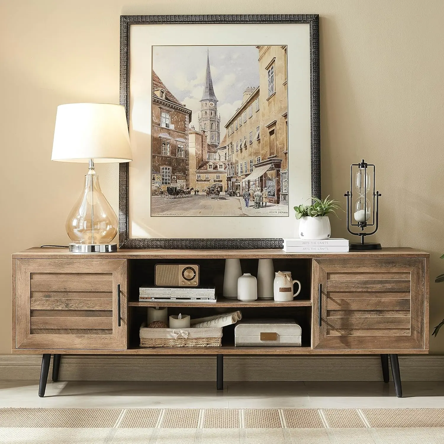 65" Mid Century Modern TV Stand, Wood TV Stand w/ Storage Cabinet and Open Shelf for Televisions up to 65", Entertainment Center
65" Mid Century Modern TV Stand, Wood TV Stand w/ Storage Cabinet and Open Shelf for Televisions up to 65", Entertainment Center