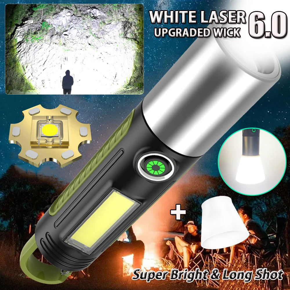 

High Powered LED Flashlights High Lumens Zoomable Rechargeable Flashlight With COB Side Light 4 Modes Floodlight Torch