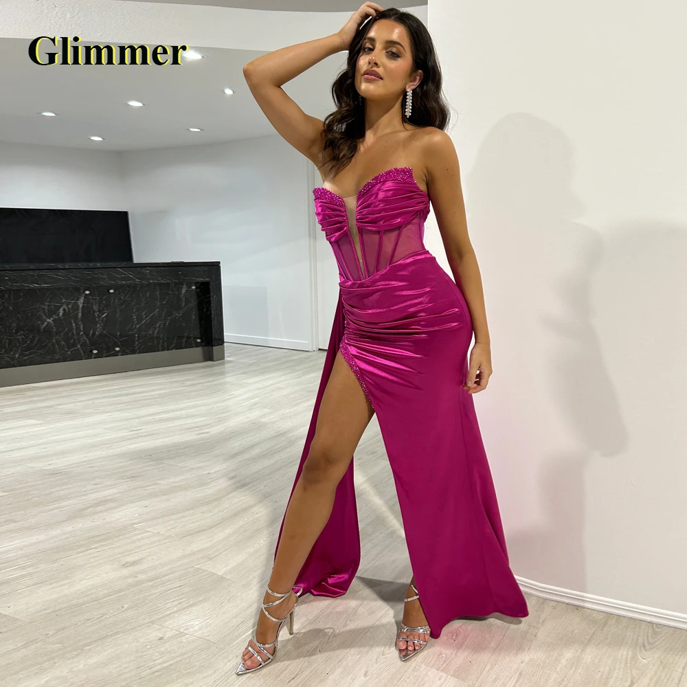 

Glimmer Charming Trumpet Evening Party For Women Slit Pleat Zipper Sleeveless V-neck Satin Vestidos Robes De Soirée Customised