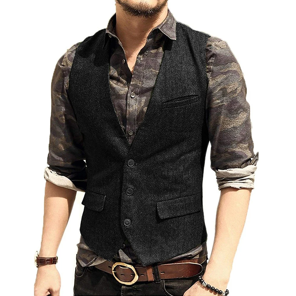 

Stylish Men Suit Vest Vintage Herringbone Retro Hunting Slim Fit Tweed Waistcoat Wedding Dark gray Winter Wear