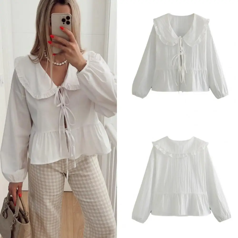 

Turn-down Collar Shirt Elegant Lace-up Closure Women's Shirt with Ruffle Hem Loose Fit for Summer Casual Wear Women Long-sleeve