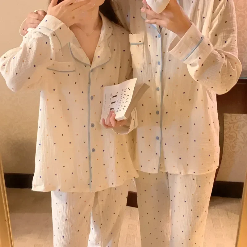 Sleeve Polka Pajama Clothes for Gauze Soft Cotton Long Set Comfortable Couple Women Winter Sleepwear Home Autumn Dot
Sleeve Polka Pajama Clothes for Gauze Soft Cotton Long Set Comfortable Couple Women Winter Sleepwear Home Autumn Dot