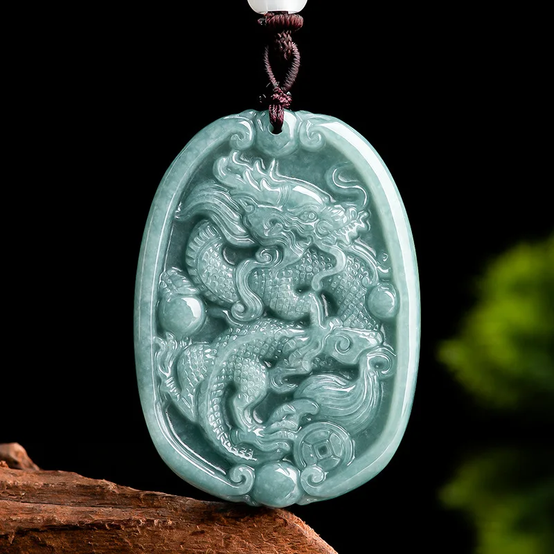 

Jia Le/Natural Jade Hand-carved Blue Water Zodiac Dragon Necklace Pendant Emerald Jewelry Accessories Fashion Men and Women Gift
