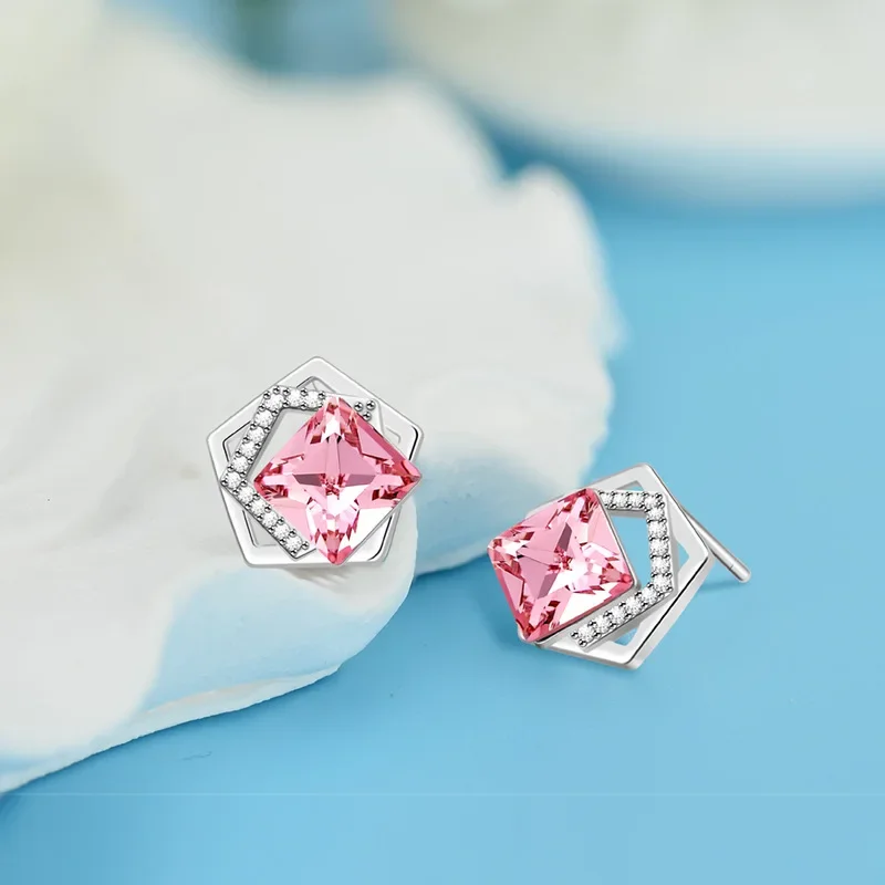 

925 Sterling Silver Geometry Crystal Glass Shiny Pendant Earrings Necklace Women Charm Luxury Elegant Ear Studs Delicate Gifts