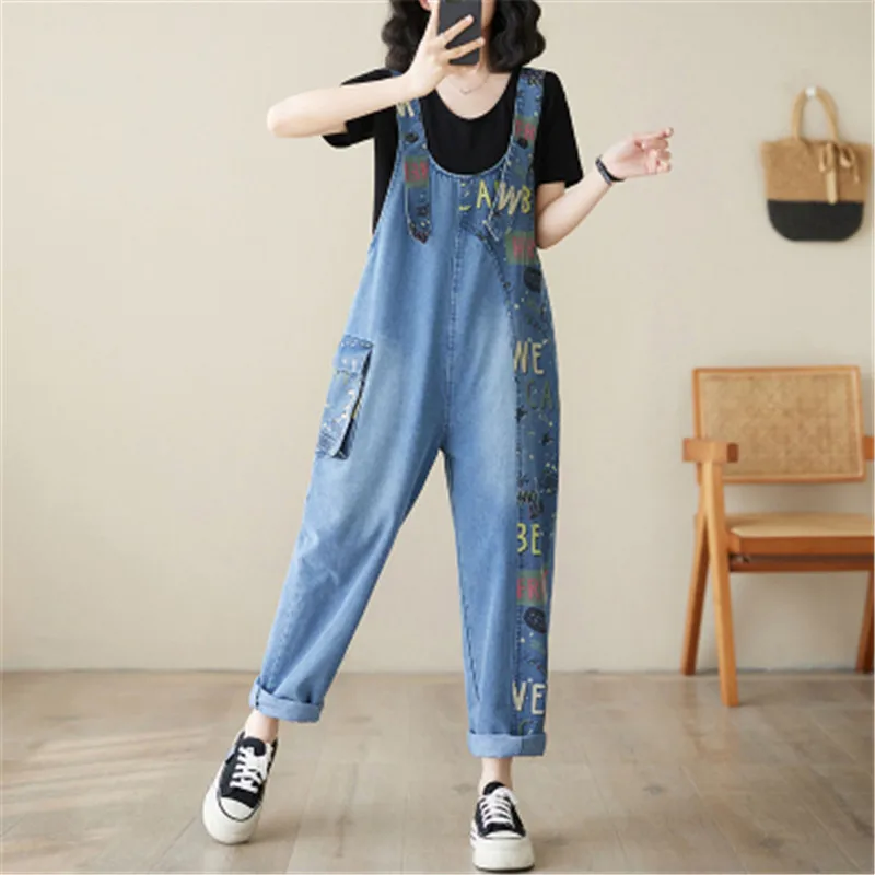 

Fashion Streetwear Denim Jumpsuit Women Vintage Printed Loose Jeans Overalls Pockets Wide Leg Cargo Baggy Pants 2024 Spring New