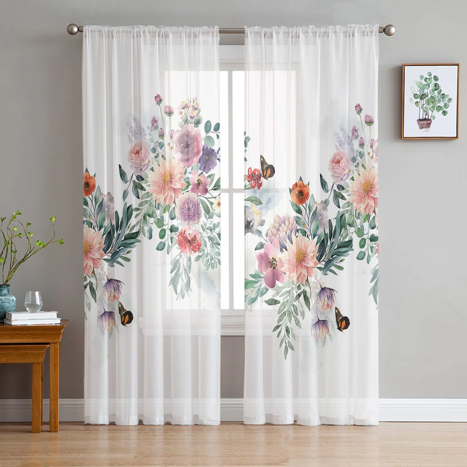 

Watercolor Leaves Plants Flowers Butterflies Tulle Voile Curtains for Bedroom Living Room Window Curtain Sheer Organza Drapes