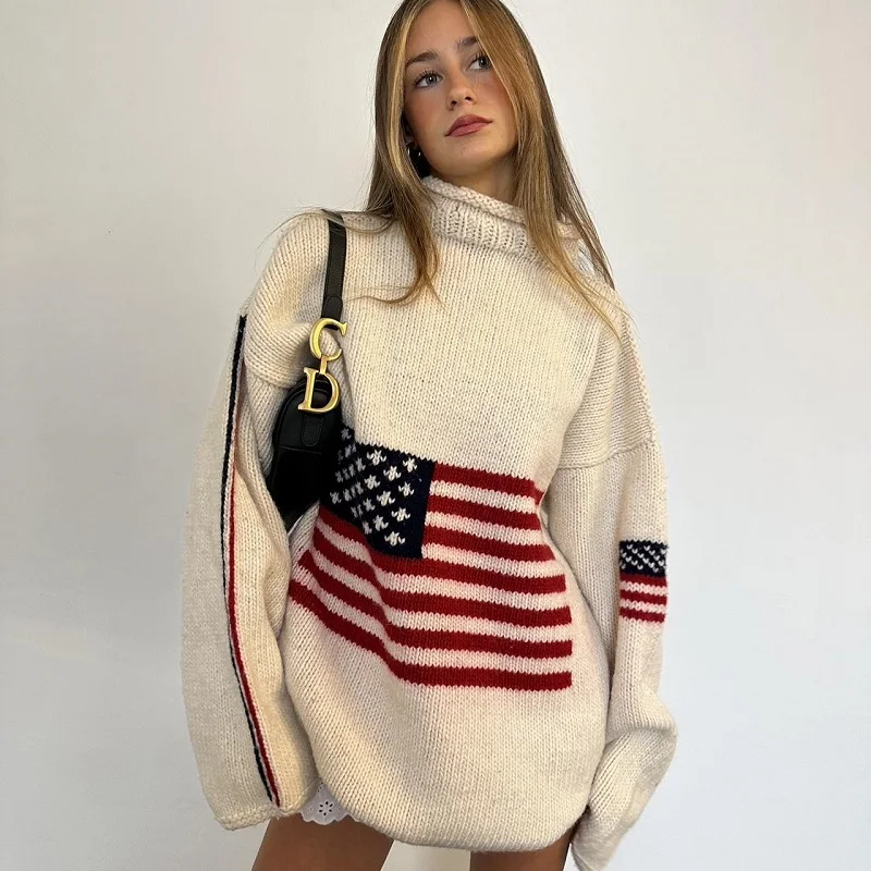 Harajuku Retro Women's US Flag Long sleeved Pullover Sweater Knitted High Neck Large Y2K Sweater Retro Sweater Warm
Harajuku Retro Women's US Flag Long sleeved Pullover Sweater Knitted High Neck Large Y2K Sweater Retro Sweater Warm
