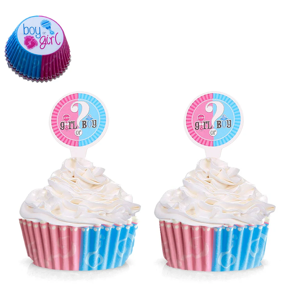 

48pcs Boy or Girl Cupcake Wrapper and Topper Gender Reveal Party Decorations Supplies Cake Decorating Baby Shower Decor