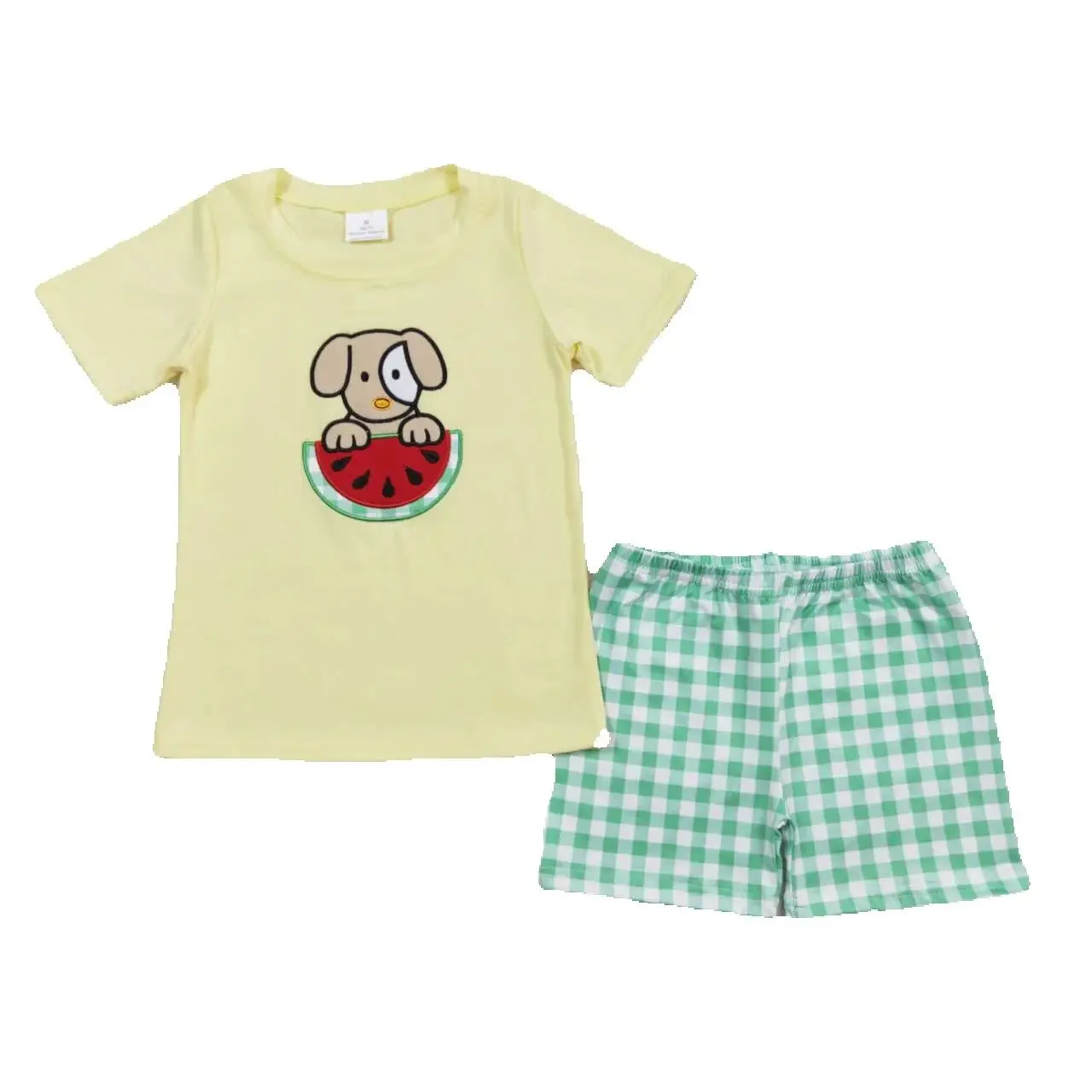 Wholesale Short Sleeves Watermelon Dog Cotton T-shirts Kids Green Plaid Shorts Baby Boy Outfit Children Embroidery Summer Set
Wholesale Short Sleeves Watermelon Dog Cotton T-shirts Kids Green Plaid Shorts Baby Boy Outfit Children Embroidery Summer Set