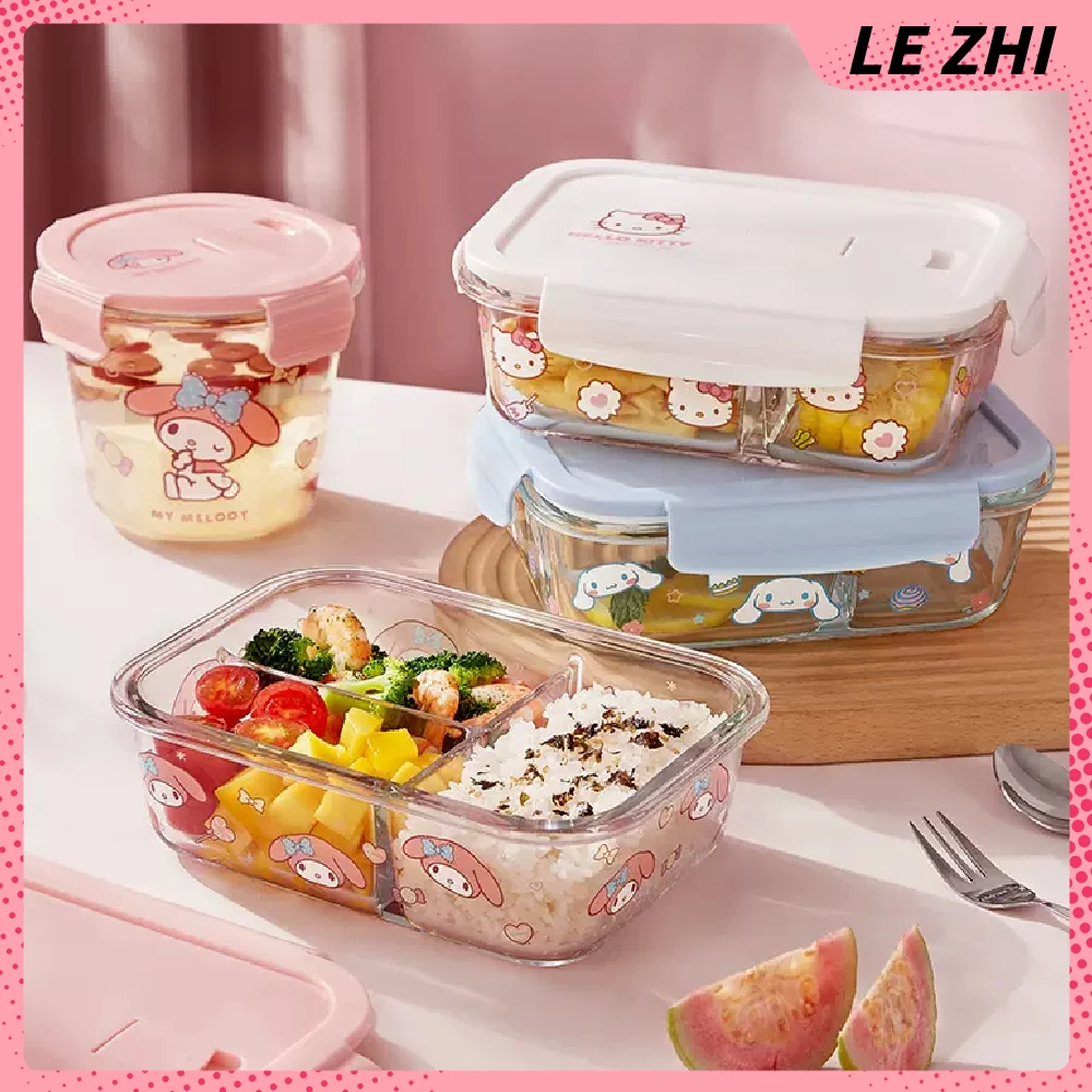 

2PCS Cute Glass Divided Lunch Box HelloKitty Cinnamoroll Mymelody Food Storage Container Leakproof Portable Camping Lunch Bowl