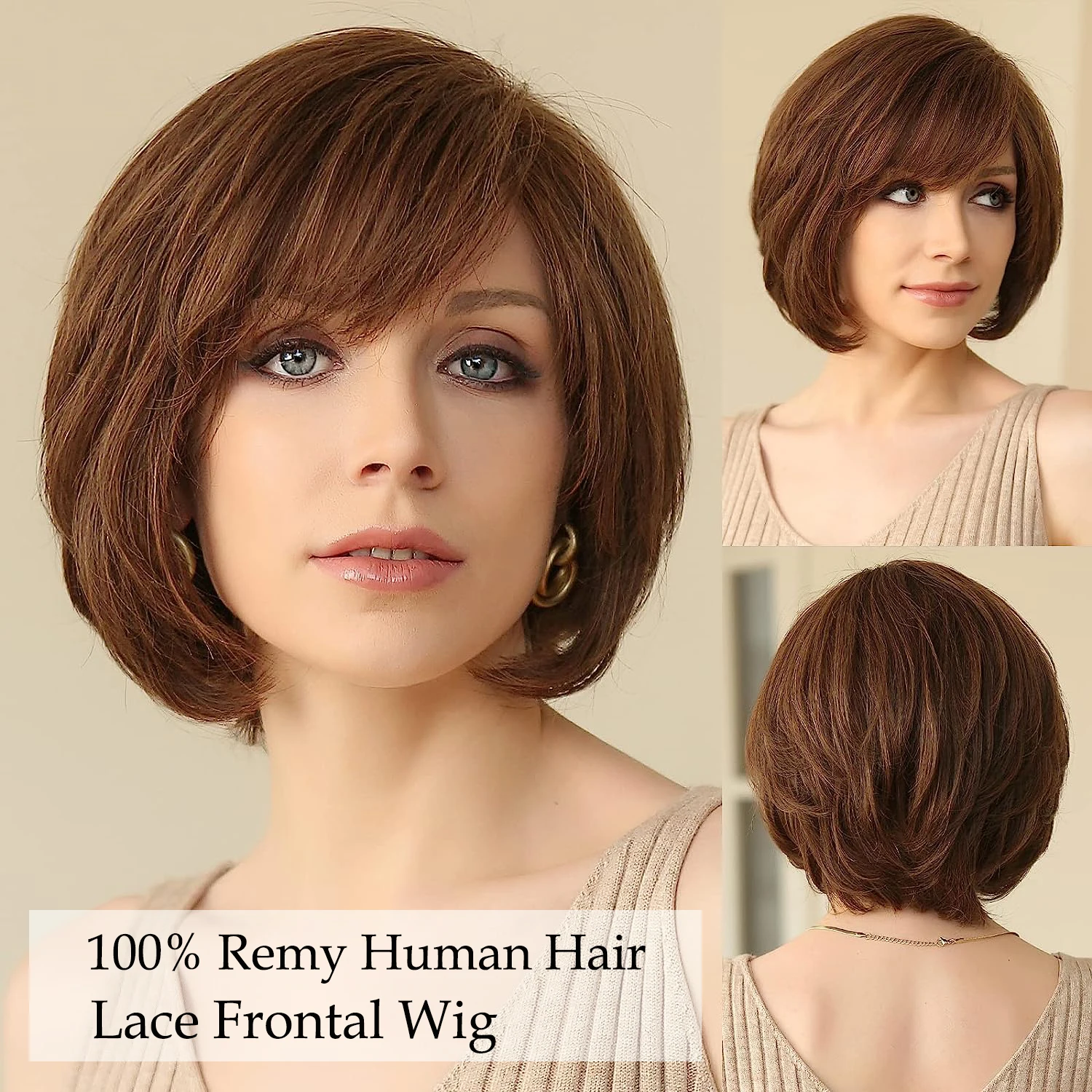 

Short Bob Straight Human Hair Wigs Hand-Tied Lace Front Wig for Women Brown Pixie Cut Natural Layered Wig Glueless Remy Hair