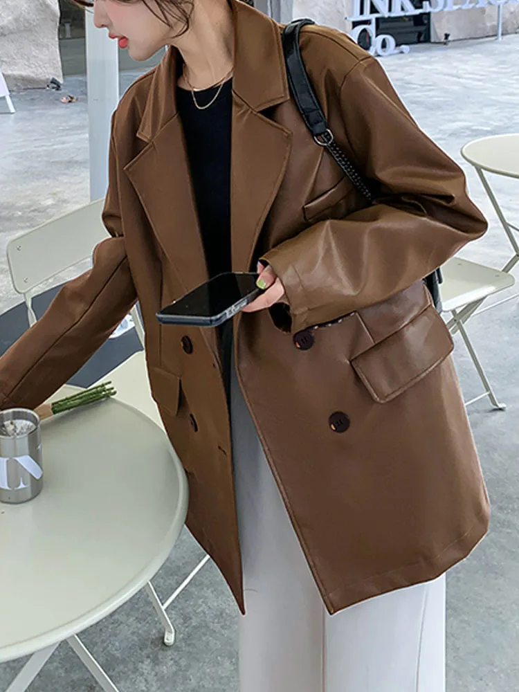 

Korean Leather Moto Jacket Women Vintage Warm Loose Leather Suit Blazers Female Streetwear Casual Fashion Trend Thin Biker Coats