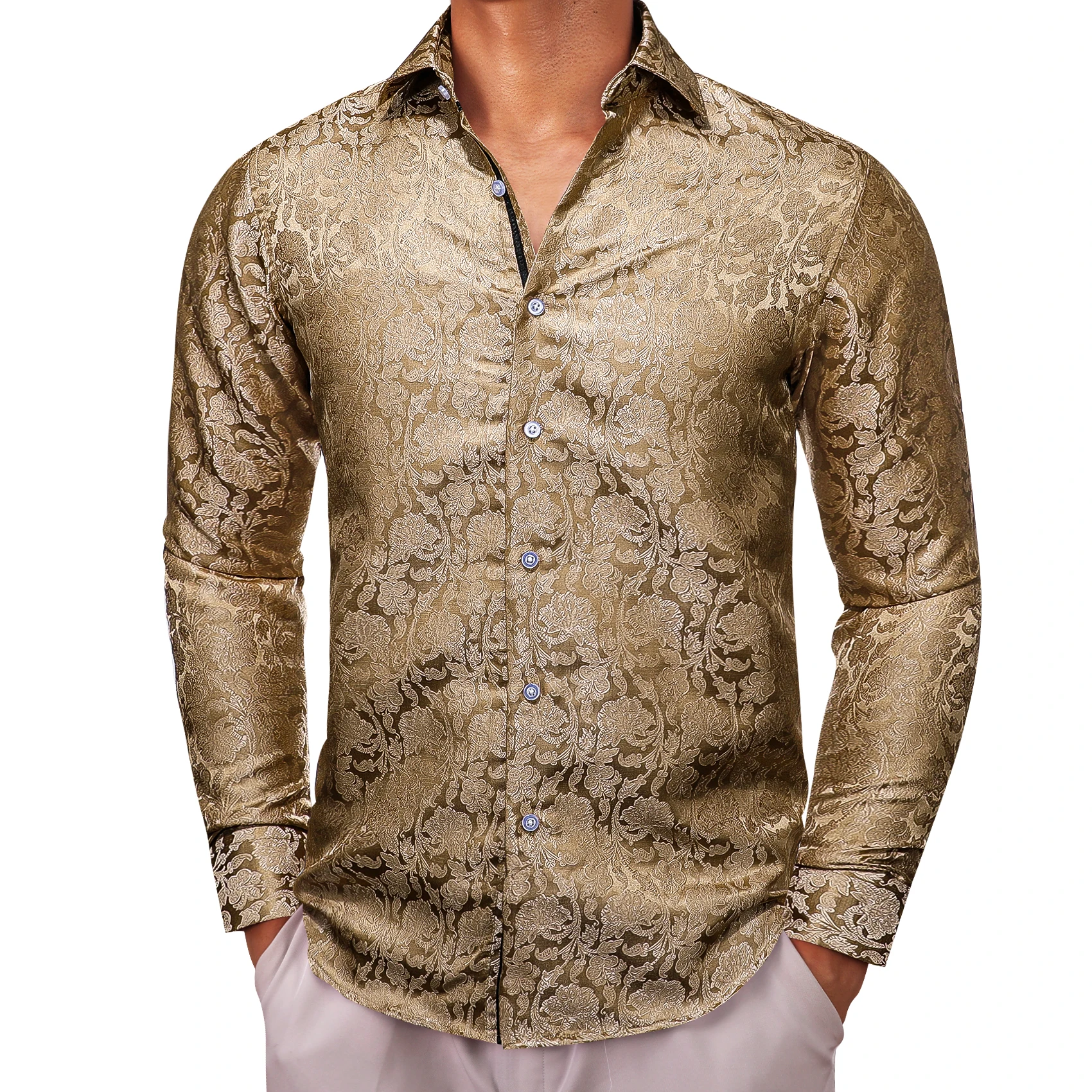 

Дизайнерские рубашки для мужчин, шелковые, с длинным рукавом, коричневые, с цветочным рисунком, приталенные, мужские блузки, повседневные, Формальные Топы, дышащие, Barry Wang