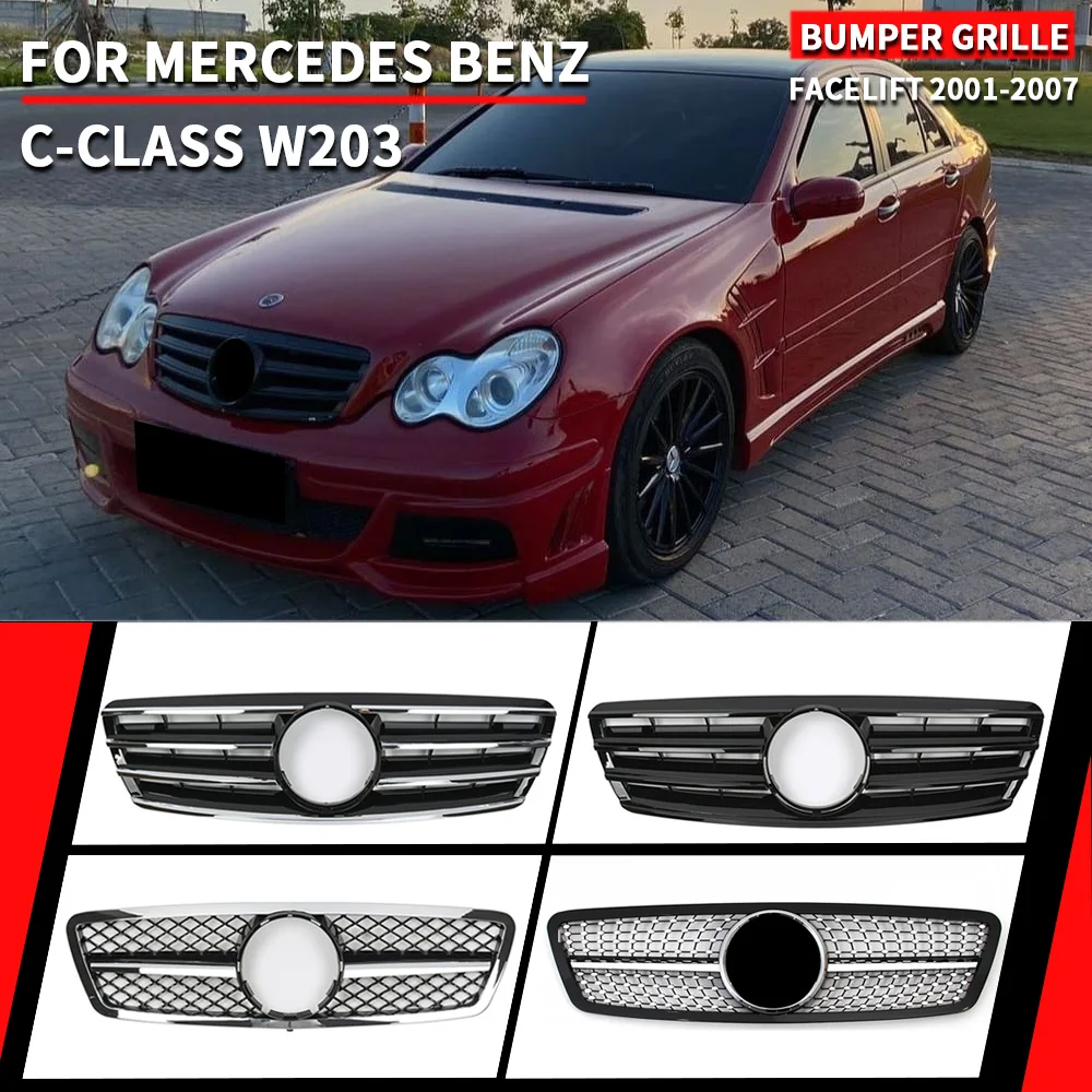 

For Mercedes Benz C-Class W203 2001-2007 C200 C230 C240 C280 C32 AMG C320 C350 Chrome Silver Sport Diamonds Front Bumper Grille