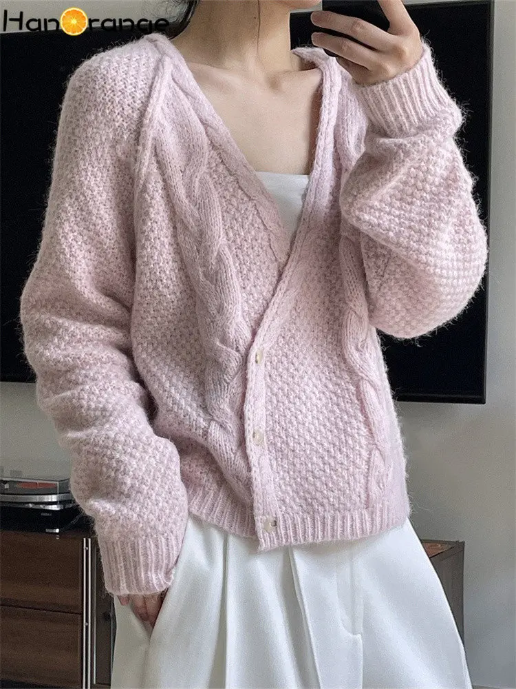 

HanOrange 2024 Autumn Winter Gentle Slanted Cable Wool Knitted Cardigan Women V-neck Long Sleeve Sweater Top Female